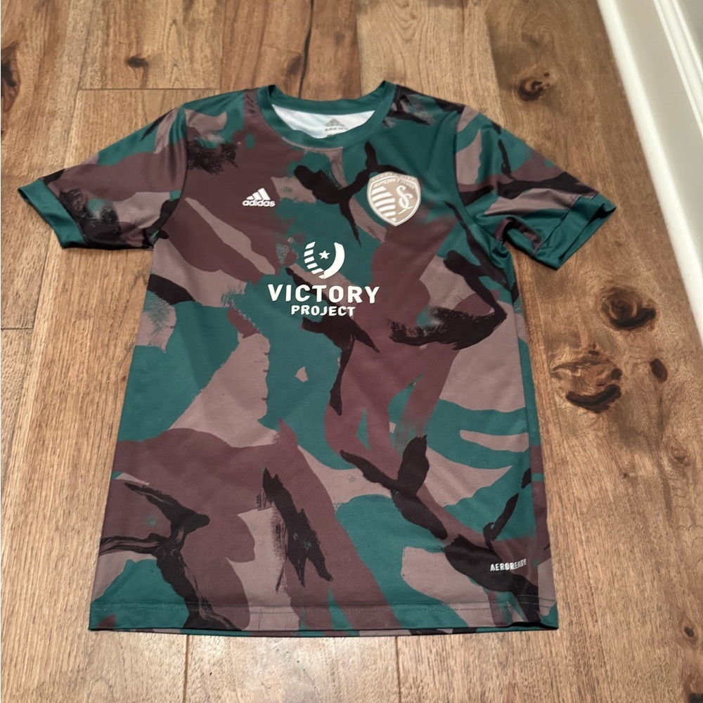adidas Kids Green and Brown Camouflage Jersey